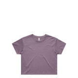A cropped T-shirt in a soft lavender colour with a round neckline and short sleeves. It features a logo tag.
