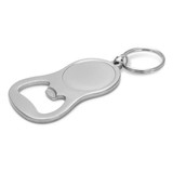 A stainless steel bottle opener key ring with a smooth, minimalist design and a circular space for branding.