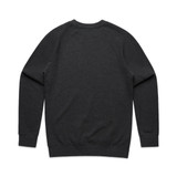 A dark grey sweater featuring a classic crew neckline and long sleeves, with a plain back and a logo.