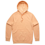 A peach-coloured hoodie with a front pocket, adjustable drawstring, and a hood. It features a logo.