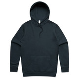 A dark green hoodie featuring a front pocket and a drawstring hood, with a branding label inside.