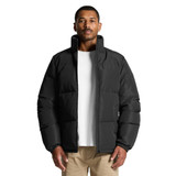 A puffer jacket in black, featuring a high collar and a relaxed fit, displayed on a model.