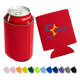 A red foam stubby cooler holding a drink can, with a logo and a range of colours displayed below.