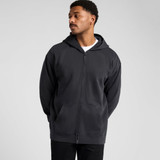 A dark grey zip-up hoodie with a hood, featuring a front pocket and a minimalist design.