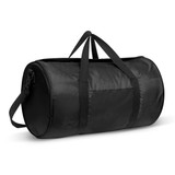 A black duffle bag with two handles and an adjustable shoulder strap, featuring a logo.