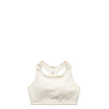 A cream-coloured sports crop top with a racerback design and a branding logo.