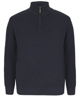 A navy chunky 1/2 zip jumper with a ribbed texture and a zippered collar. Includes a logo on the garment.