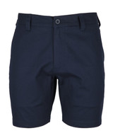 A pair of navy blue dress shorts with a button fastening and a logo on the waistband.