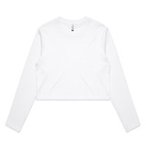 A white long-sleeve crop t-shirt with a simple design, featuring a logo.