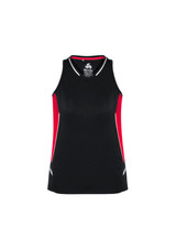 A black and red women's singlet with a fitted design and contrasting panel details, featuring a logo.