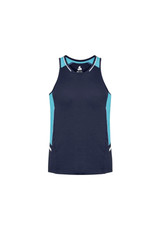 A navy and light blue singlet featuring a logo, designed for men.