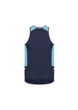 A navy blue singlet with light blue accents and a logo on the back. 