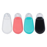 A set of four glue tape dispensers in white, coral, turquoise, and black, each with a clear cap and a branded logo.