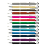 A selection of metal pens in various colours, featuring a sleek design and silver accents, arranged in a row.