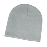 A light grey beanie with a simple, textured design. It features a logo on the side.