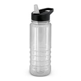 A drink bottle with a clear body and a black lid featuring a straw.
