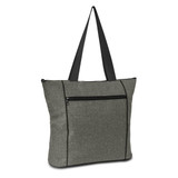 Avenue Elite Tote Bag in grey fabric with black straps and a front zip pocket. Features a logo.