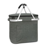 A green cooler basket with a zippered top and silver handles, featuring a front pocket.