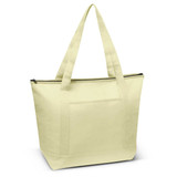 A large, pale yellow cooler bag with two long handles and a zippered top, featuring a front pocket and a logo.