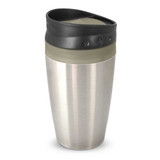 A stainless steel coffee cup with a black and olive green lid, featuring a logo on the side.