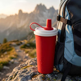A drink bottle with a red body and white lid rests against a backpack on a rocky surface, set in a scenic mountainous landscape.