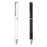 A gift set of two pens, one white and one black, featuring a sleek design and a branded logo.
