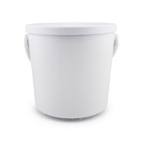 A white plastic bucket with a lid and two handles for easy carrying.