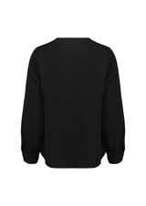 A black long sleeve blouse with a simple design and gathered sleeves. It features a rounded neckline and a logo.