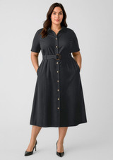 A women's midi dress in dark grey with short sleeves, a button-down front, and a belted waist. Features a logo.