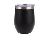 A drink tumbler in matte black with a stainless steel rim and a clear lid, featuring a logo.