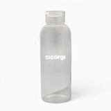 A drink bottle made of clear borosilicate glass with a screw-on lid and a logo.