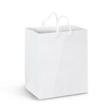 A medium white laminated paper carry bag with white rope handles and a glossy finish.