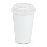 A double wall coffee cup in white with a matching lid and a logo feature.