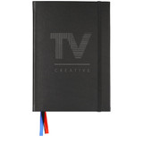 A black diary with a logo and coloured ribbon bookmarks. It features an elastic band closure.