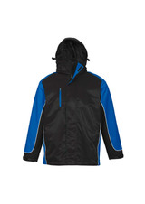 A unisex jacket featuring a black body with blue sleeves and a hood, including a small zip pocket on the front.