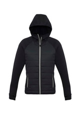 A black puffer jacket with a hood and zippered front, featuring a logo on one side.