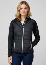 A stylish black women's puffer jacket with a hood, featuring zippered pockets and a fitted design.