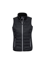 A black women's vest with a zip front, featuring horizontal padding and two side pockets. It has a logo on the chest.