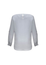 A light grey women's Madison boatneck top with long sleeves and button details at the cuffs. It has a back closure.
