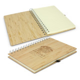 A bamboo notebook with a spiral binding and lined pages, featuring a branded cover design.