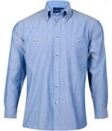 A long sleeve button-up shirt in light blue chambray, featuring two chest pockets and a logo on the collar.