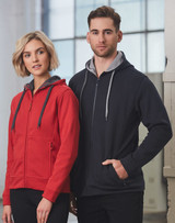 A red ladies' full zip fleece hoodie and a navy men's version, both featuring contrasting hoods, displayed against an urban backdrop.
