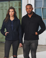 A navy women's wool blend corporate jacket and a black men's jacket, both with pockets and a branding logo.