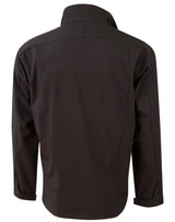 A black men's softshell contrast jacket with a tall collar, featuring a logo on the back.