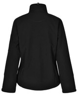 A black ladies softshell hi-tech jacket featuring a high collar and a sleek design. It has a logo on the back.