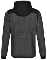 A black and grey men's jacket with a hood, featuring a quilted body and heathered sleeves. It has a logo on it.