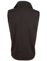 A black men's softshell contrast vest featuring a high collar and a logo on the back.