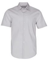 A short-sleeved, button-up shirt featuring a grey and white ticking stripe pattern. It has a logo on the chest.