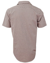 A short-sleeve men's button-up shirt featuring a brown and white gingham check pattern and a logo on the label.