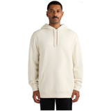 A cream-coloured hoodie with a front pocket and a drawstring hood, featuring a logo.